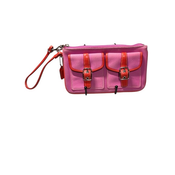 Coach Handbags - Coach Fab Field Pink Canvas Orange Leather Buckle Pockets Wristlet Vintage GUC